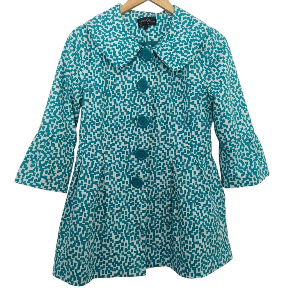 Eden Court Teal Coat Jacket Retro Preppy Size Small Green Geometric Mod Peplum